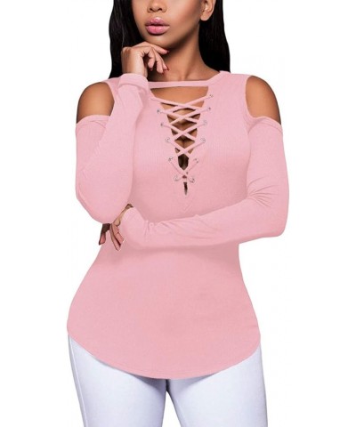 Women's Sexy V-Neck Cold Shoulder Long Sleeve Blouse Shirt Slim Lace-Up Ribbed Stretchy T-Shirt Top X-pink $13.51 T-Shirts