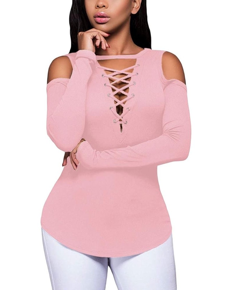 Women's Sexy V-Neck Cold Shoulder Long Sleeve Blouse Shirt Slim Lace-Up Ribbed Stretchy T-Shirt Top X-pink $13.51 T-Shirts