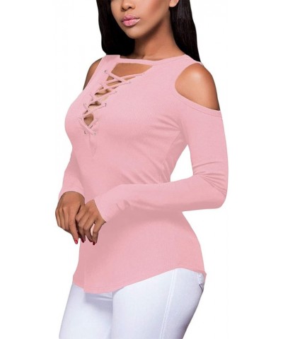 Women's Sexy V-Neck Cold Shoulder Long Sleeve Blouse Shirt Slim Lace-Up Ribbed Stretchy T-Shirt Top X-pink $13.51 T-Shirts