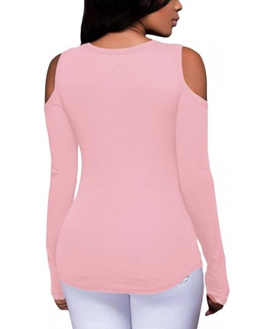 Women's Sexy V-Neck Cold Shoulder Long Sleeve Blouse Shirt Slim Lace-Up Ribbed Stretchy T-Shirt Top X-pink $13.51 T-Shirts