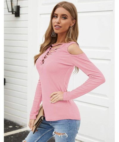 Women's Sexy V-Neck Cold Shoulder Long Sleeve Blouse Shirt Slim Lace-Up Ribbed Stretchy T-Shirt Top X-pink $13.51 T-Shirts