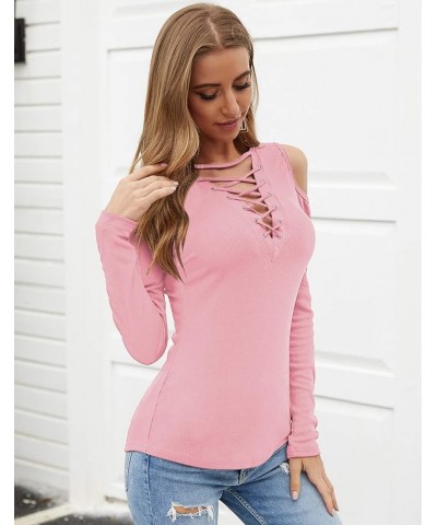 Women's Sexy V-Neck Cold Shoulder Long Sleeve Blouse Shirt Slim Lace-Up Ribbed Stretchy T-Shirt Top X-pink $13.51 T-Shirts