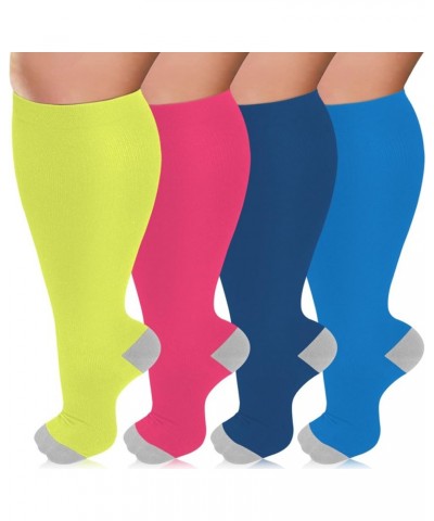 Plus Size Compression Socks for Women & Men 15-20 mmhg Extra Wide Calf Knee High Support Socks for Circulation 08-4 Pack Yell...