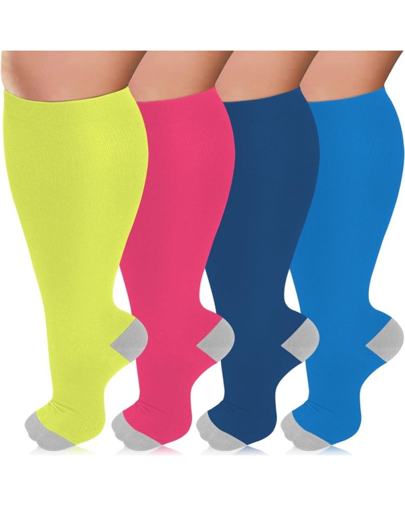 Plus Size Compression Socks for Women & Men 15-20 mmhg Extra Wide Calf Knee High Support Socks for Circulation 08-4 Pack Yell...