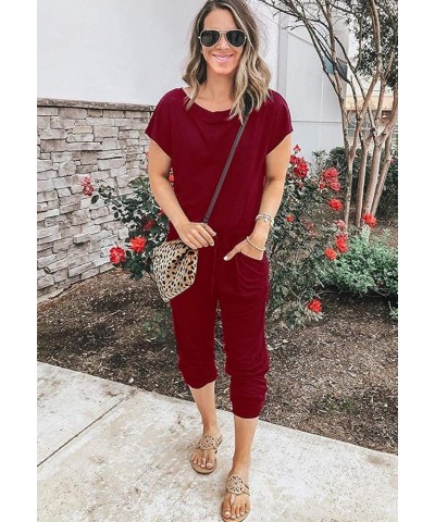 Women's Floral Printed Jumpsuits Solid Rompers Casual Comfy Striped Jumpsuit with Pockets 2 Wine Red $12.00 Jumpsuits