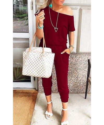 Women's Floral Printed Jumpsuits Solid Rompers Casual Comfy Striped Jumpsuit with Pockets 2 Wine Red $12.00 Jumpsuits