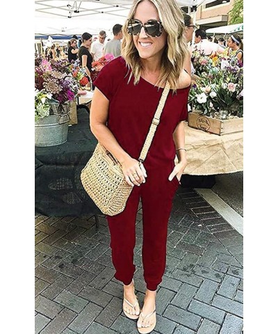 Women's Floral Printed Jumpsuits Solid Rompers Casual Comfy Striped Jumpsuit with Pockets 2 Wine Red $12.00 Jumpsuits