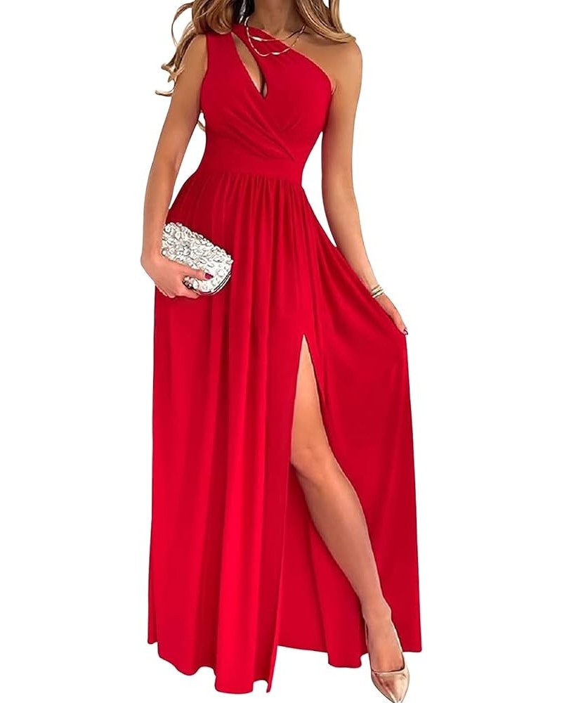 Women One Shoulder Hollow Slit Long Dress Elegant Sleeveless High Waist Party Ruched Maxi Dress Party Formal Gown Solid-red $...