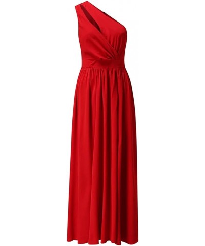 Women One Shoulder Hollow Slit Long Dress Elegant Sleeveless High Waist Party Ruched Maxi Dress Party Formal Gown Solid-red $...