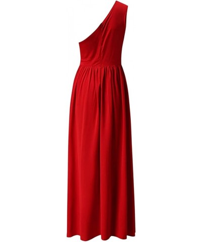 Women One Shoulder Hollow Slit Long Dress Elegant Sleeveless High Waist Party Ruched Maxi Dress Party Formal Gown Solid-red $...