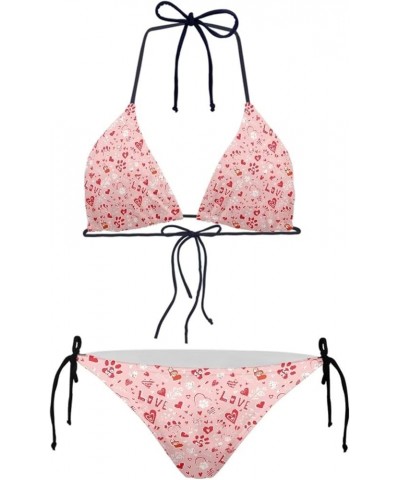 Womens Triangle Bikini Sets High Cut Tie Side 2 Piece Pink Heart $12.59 Swimsuits