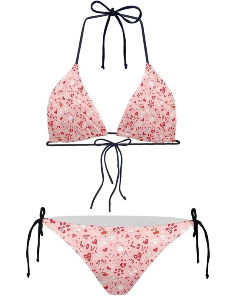 Womens Triangle Bikini Sets High Cut Tie Side 2 Piece Pink Heart $12.59 Swimsuits