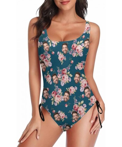 Customized Womens Face One Piece Swimsuit Personalized Photo Bathing Suit Printing Swimwear Flower Dark Green $17.97 Swimsuits