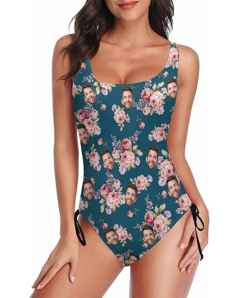 Customized Womens Face One Piece Swimsuit Personalized Photo Bathing Suit Printing Swimwear Flower Dark Green $17.97 Swimsuits