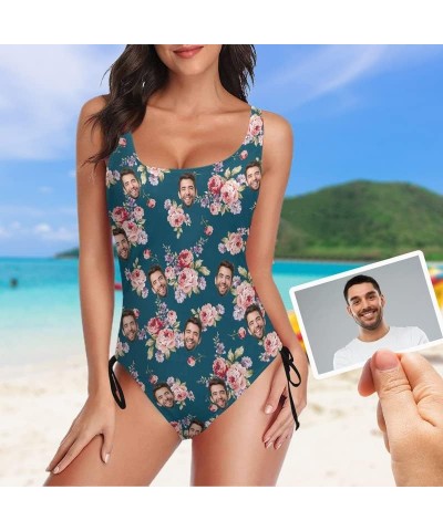 Customized Womens Face One Piece Swimsuit Personalized Photo Bathing Suit Printing Swimwear Flower Dark Green $17.97 Swimsuits