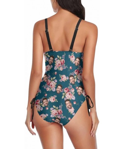 Customized Womens Face One Piece Swimsuit Personalized Photo Bathing Suit Printing Swimwear Flower Dark Green $17.97 Swimsuits