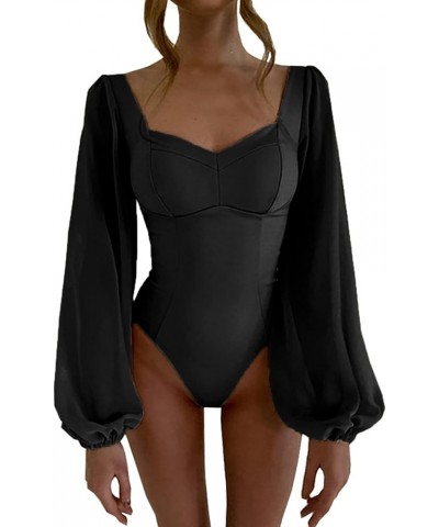 Women Jumpsuits Bodysuit for Women Backless Square Neck Patchwork Long Ballon Sleeve Bodysuits Tops Black $9.66 Lingerie