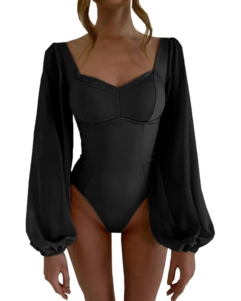 Women Jumpsuits Bodysuit for Women Backless Square Neck Patchwork Long Ballon Sleeve Bodysuits Tops Black $9.66 Lingerie