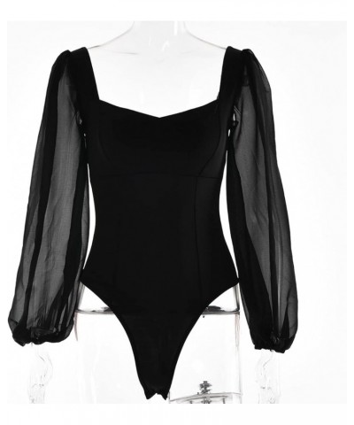 Women Jumpsuits Bodysuit for Women Backless Square Neck Patchwork Long Ballon Sleeve Bodysuits Tops Black $9.66 Lingerie