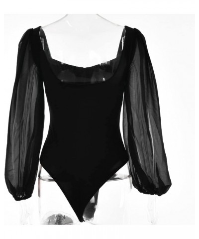 Women Jumpsuits Bodysuit for Women Backless Square Neck Patchwork Long Ballon Sleeve Bodysuits Tops Black $9.66 Lingerie