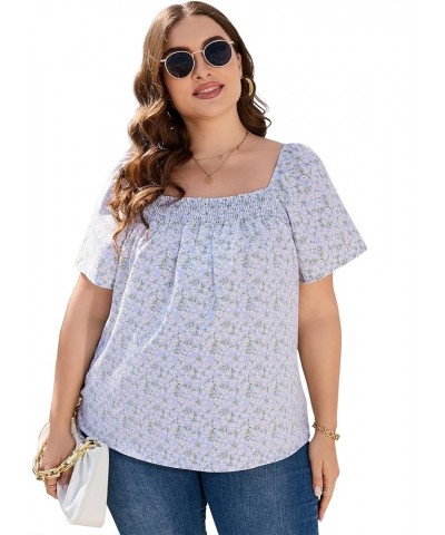 Women's Plus Size Casual Tops Short Sleeve Square Neck Ruffle Flowy T-Shirts Blue Flower $8.99 T-Shirts