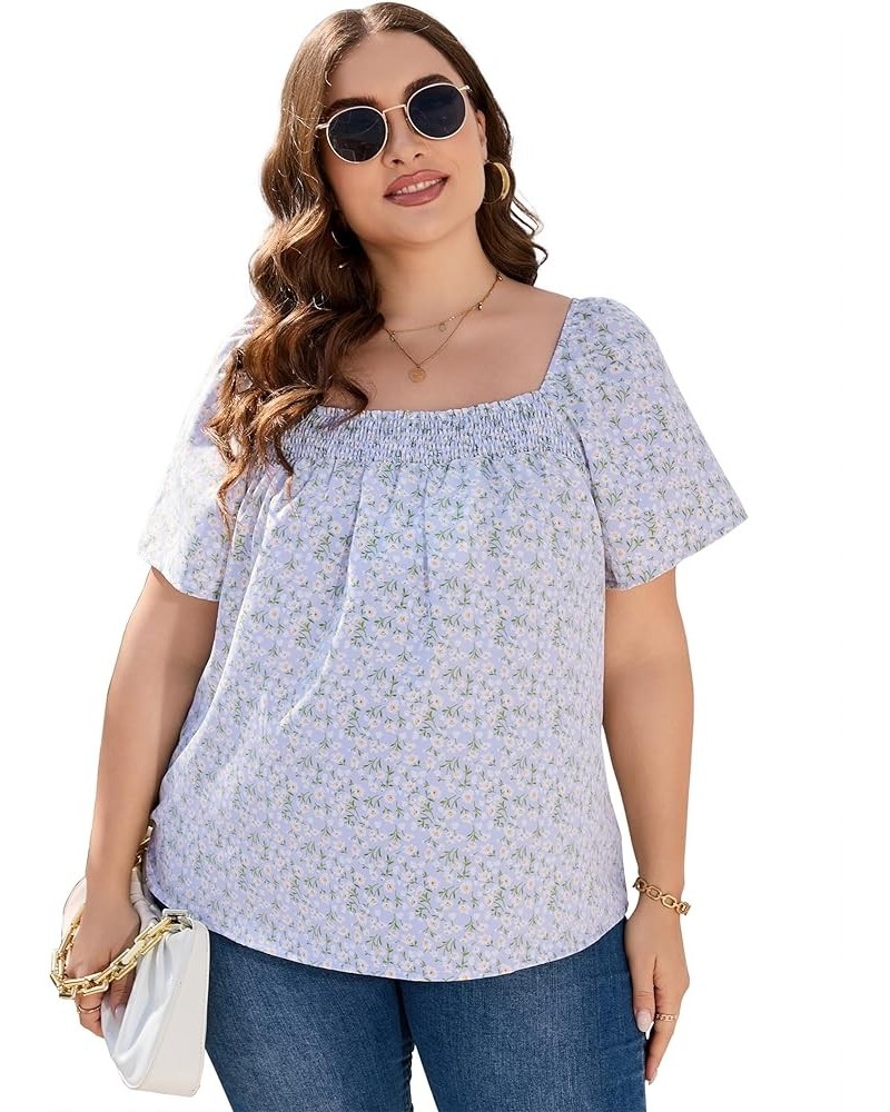 Women's Plus Size Casual Tops Short Sleeve Square Neck Ruffle Flowy T-Shirts Blue Flower $8.99 T-Shirts