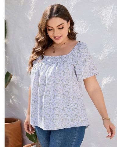 Women's Plus Size Casual Tops Short Sleeve Square Neck Ruffle Flowy T-Shirts Blue Flower $8.99 T-Shirts