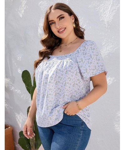 Women's Plus Size Casual Tops Short Sleeve Square Neck Ruffle Flowy T-Shirts Blue Flower $8.99 T-Shirts