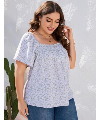 Women's Plus Size Casual Tops Short Sleeve Square Neck Ruffle Flowy T-Shirts Blue Flower $8.99 T-Shirts