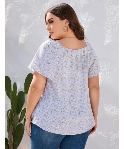 Women's Plus Size Casual Tops Short Sleeve Square Neck Ruffle Flowy T-Shirts Blue Flower $8.99 T-Shirts