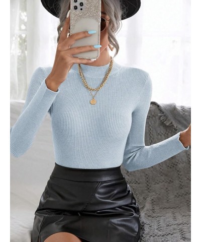 Women's Long Sleeve Mock Neck Top Ribbed Knit Slim Fit Pullover Sweater Light Blue $13.76 Sweaters