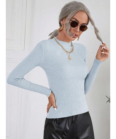 Women's Long Sleeve Mock Neck Top Ribbed Knit Slim Fit Pullover Sweater Light Blue $13.76 Sweaters