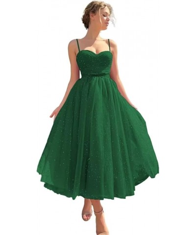 Spaghetti Straps Starry Prom Dresses Sparkly Puffy Tulle Ball Gown Tea Length Formal Evening Party Dress Emerald Green $31.19...