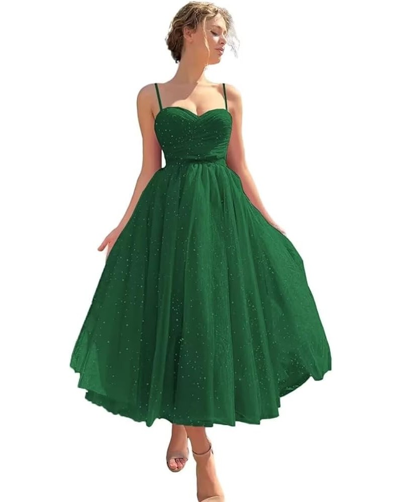 Spaghetti Straps Starry Prom Dresses Sparkly Puffy Tulle Ball Gown Tea Length Formal Evening Party Dress Emerald Green $31.19...