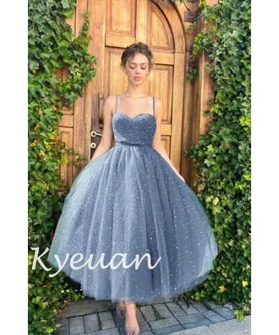 Spaghetti Straps Starry Prom Dresses Sparkly Puffy Tulle Ball Gown Tea Length Formal Evening Party Dress Emerald Green $31.19...