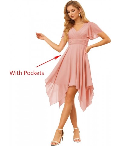 V Neck Short Bridesmaid Dresses with Sleeves Ruched Chiffon A-Line Cocktail Dress for Women with Pockets Lilac $34.19 Dresses