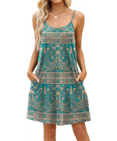 Women's Summer Spaghetti Strap Casual Sleeves Swing Dress Beach Cover Up Dress with Pockets Green Bohemian $14.24 Swimsuits