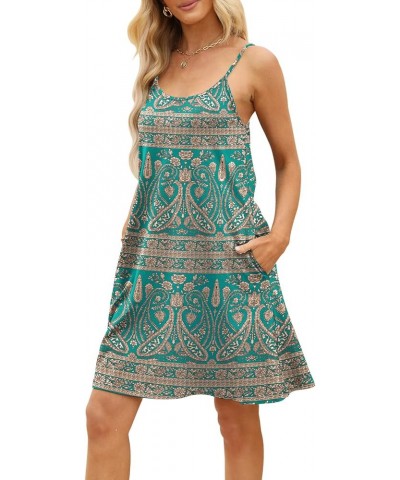 Women's Summer Spaghetti Strap Casual Sleeves Swing Dress Beach Cover Up Dress with Pockets Green Bohemian $14.24 Swimsuits