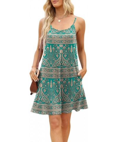 Women's Summer Spaghetti Strap Casual Sleeves Swing Dress Beach Cover Up Dress with Pockets Green Bohemian $14.24 Swimsuits