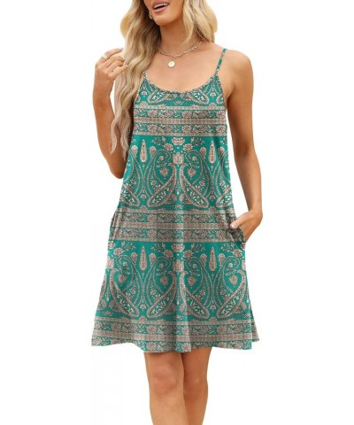 Women's Summer Spaghetti Strap Casual Sleeves Swing Dress Beach Cover Up Dress with Pockets Green Bohemian $14.24 Swimsuits