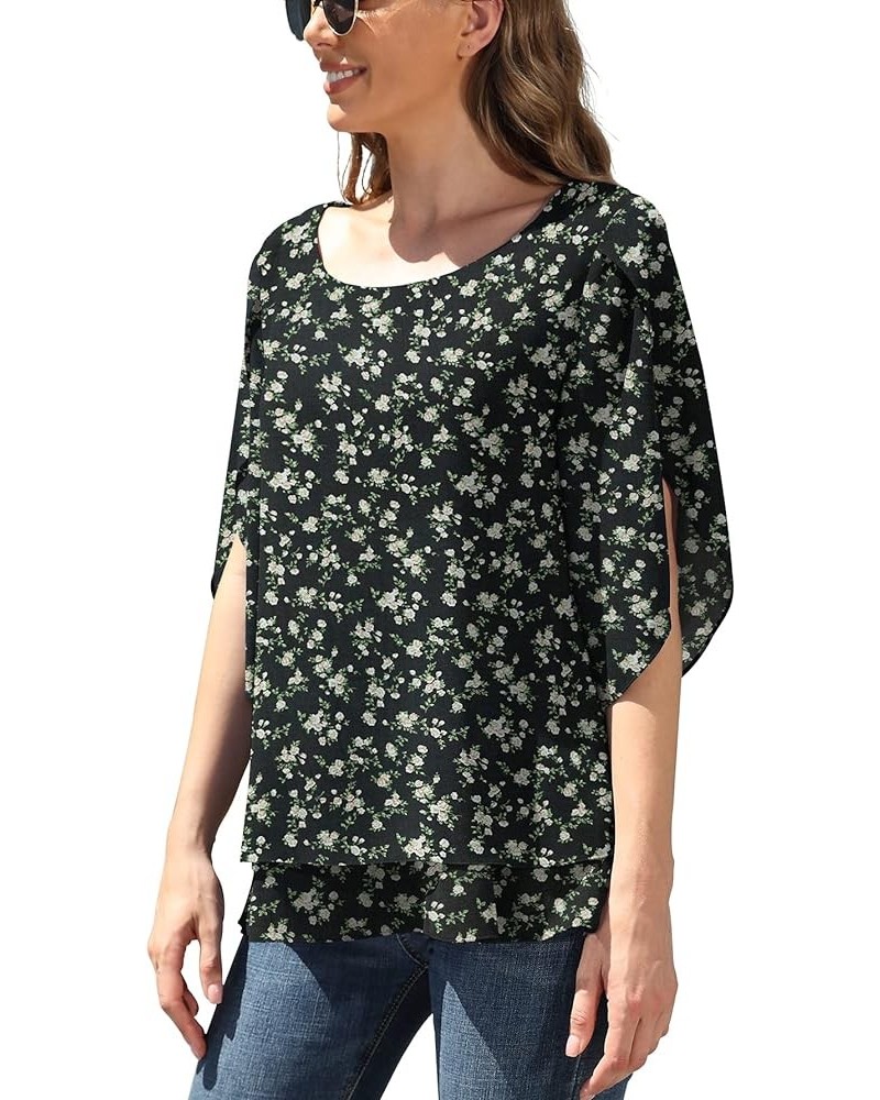 Women's Fall 3/4 Sleeve Tops Lined Flowy Chiffon Blouse Scoop Neck Shirt for Women Flower Rose Black $11.99 Blouses