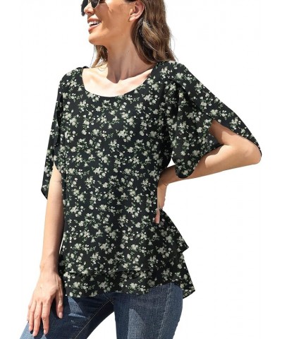 Women's Fall 3/4 Sleeve Tops Lined Flowy Chiffon Blouse Scoop Neck Shirt for Women Flower Rose Black $11.99 Blouses