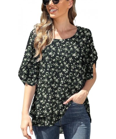 Women's Fall 3/4 Sleeve Tops Lined Flowy Chiffon Blouse Scoop Neck Shirt for Women Flower Rose Black $11.99 Blouses