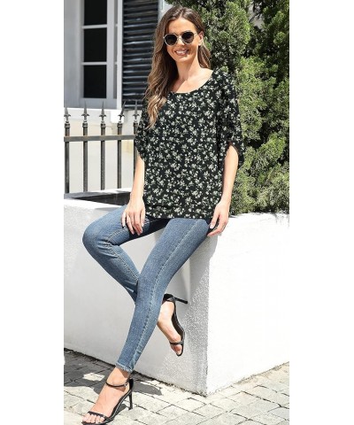 Women's Fall 3/4 Sleeve Tops Lined Flowy Chiffon Blouse Scoop Neck Shirt for Women Flower Rose Black $11.99 Blouses