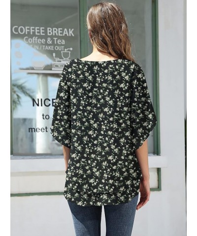 Women's Fall 3/4 Sleeve Tops Lined Flowy Chiffon Blouse Scoop Neck Shirt for Women Flower Rose Black $11.99 Blouses