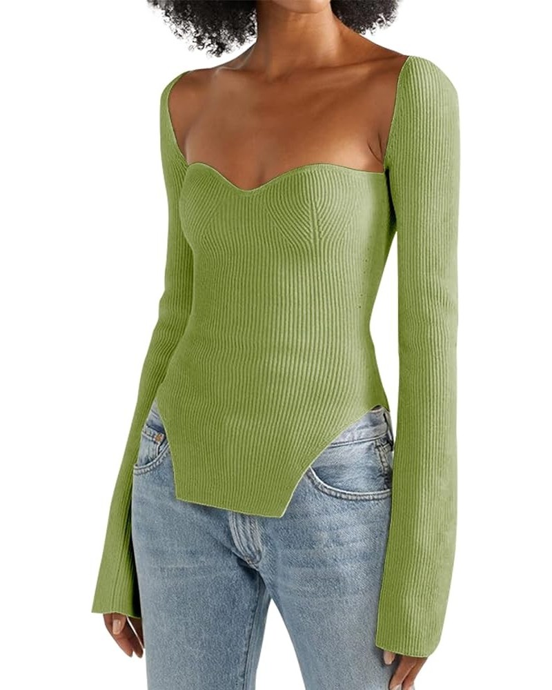 Women's Square Neck Ribbed Knitted Sweater Long Sleeve Crop Slim Fitted Basic Pullover Tops Green $16.52 Sweaters