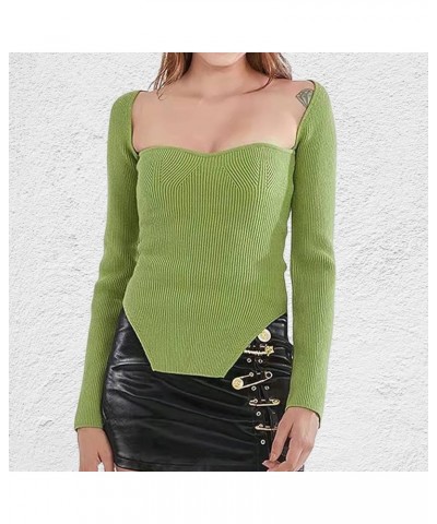 Women's Square Neck Ribbed Knitted Sweater Long Sleeve Crop Slim Fitted Basic Pullover Tops Green $16.52 Sweaters