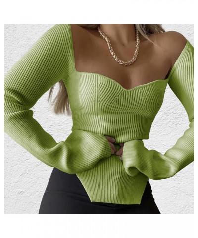 Women's Square Neck Ribbed Knitted Sweater Long Sleeve Crop Slim Fitted Basic Pullover Tops Green $16.52 Sweaters