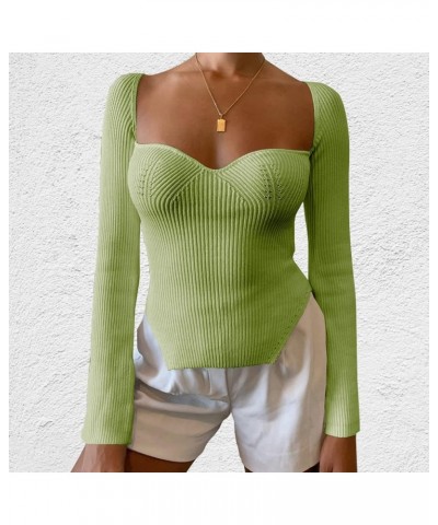 Women's Square Neck Ribbed Knitted Sweater Long Sleeve Crop Slim Fitted Basic Pullover Tops Green $16.52 Sweaters