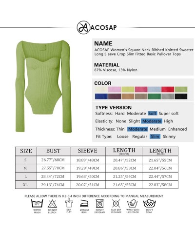 Women's Square Neck Ribbed Knitted Sweater Long Sleeve Crop Slim Fitted Basic Pullover Tops Green $16.52 Sweaters